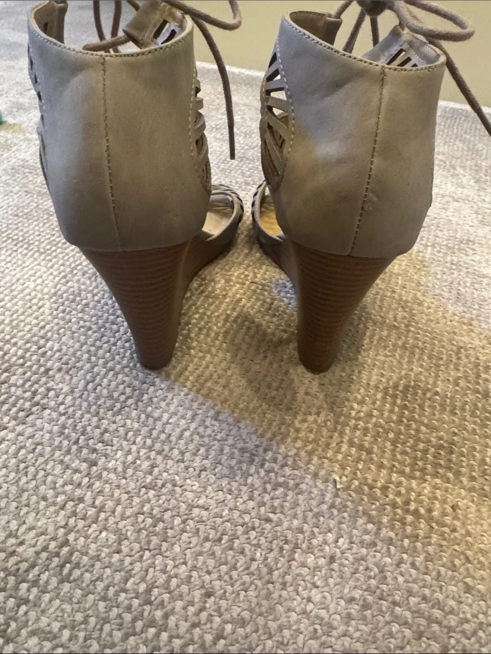CL by Laundry Taupe Laser-Cut Lace-Up Wedge Sandals